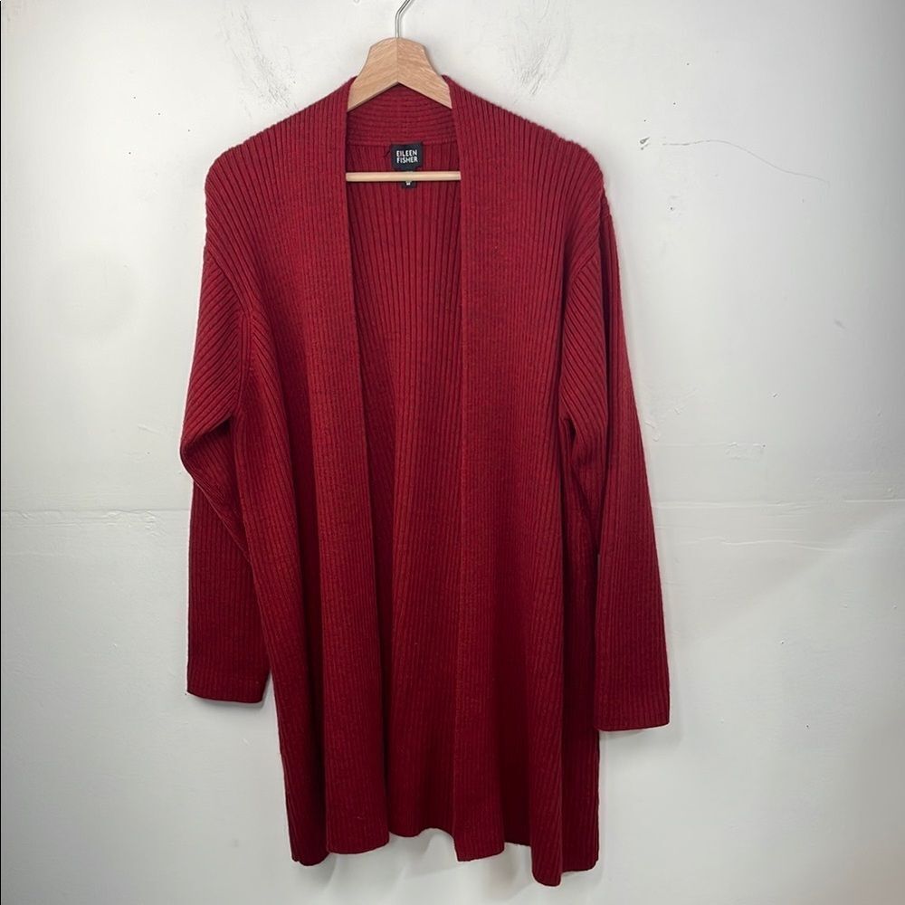 Eileen Fisher Open Front Ribbed Cardigan Sweater 100% Merino Wool Deep Red Med